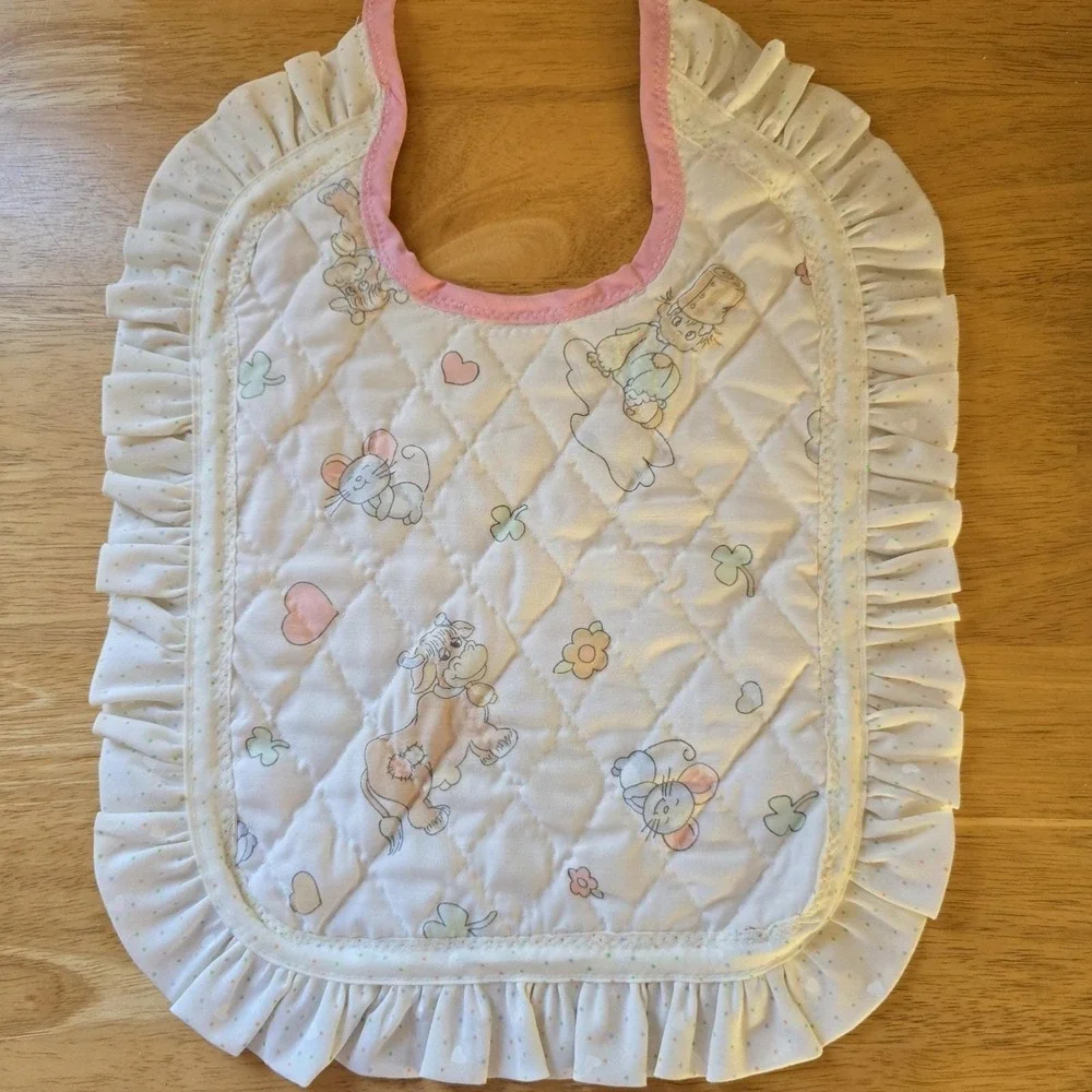 Baby Bib Lamb Quilted Cotton, Ruffled Edge, Precious Moments Fabric Vintage NWOT